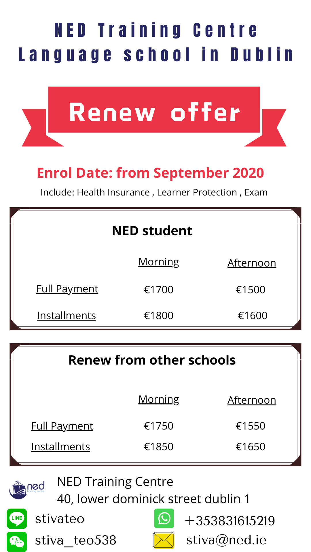 愛爾蘭遊學，NED 續簽 2020, 9月開始